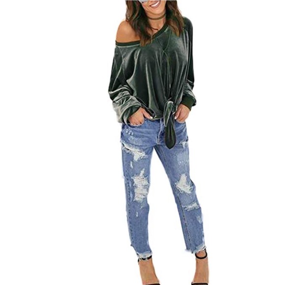 women velvet shirt off shoulder top blouse - Picture 4 of 7